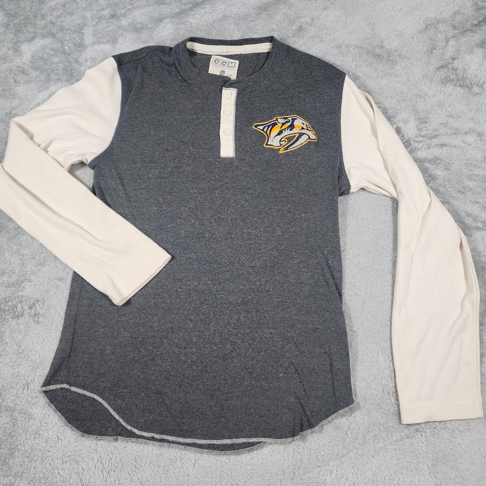 Nashville Predators Shirt Mens Small Gray Cream Long Sleeve NHL Hockey CCM‎